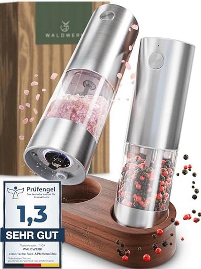 Elektrische zout- en pepermolen set met elegante acacia houder 300 mAh accu - Foto 2