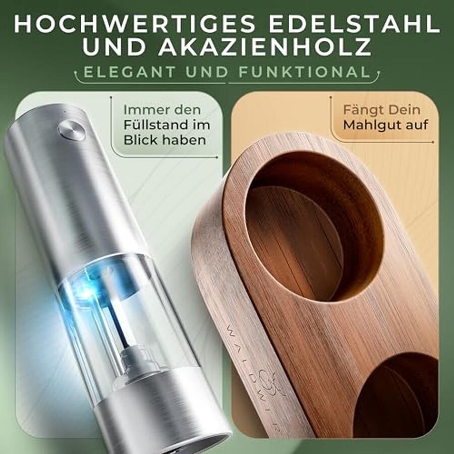 Elektrische zout- en pepermolen set met elegante acacia houder 300 mAh accu - Foto 2