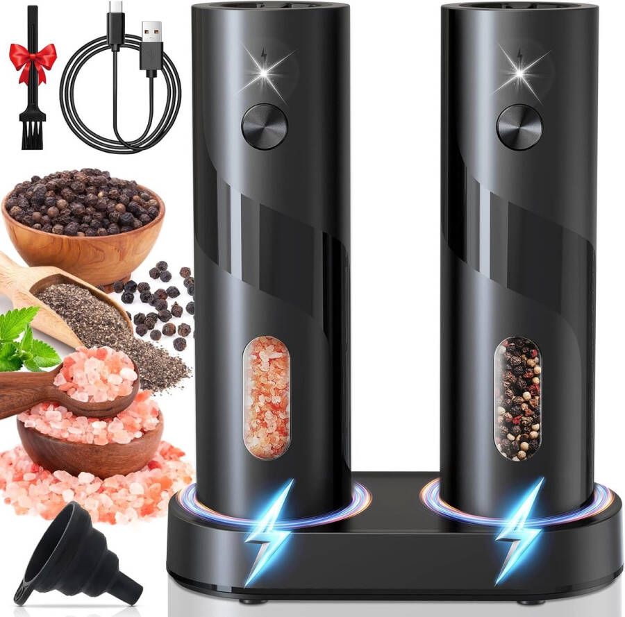 Elektrische Zout- En Pepermolen Set Met Oplaadbare Voet Automatisch Met LED-Licht En Instelbare Grofheid Voor Keuken En Barbecue