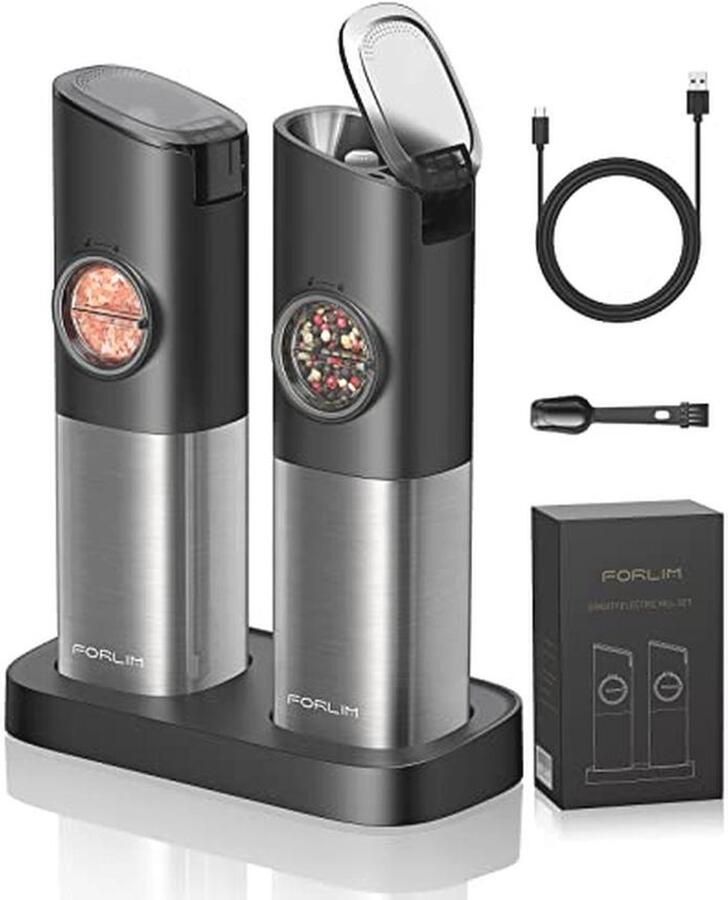 Elektrische zout- en pepermolen set met oplaadbare voet en LED-licht 2-pack