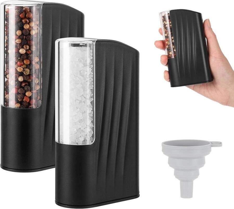 Elektrische Zout- en Pepermolen Set Mini Oplaadbare Pepermolen met Reguleerbare Grofheid Handbediening Zwart