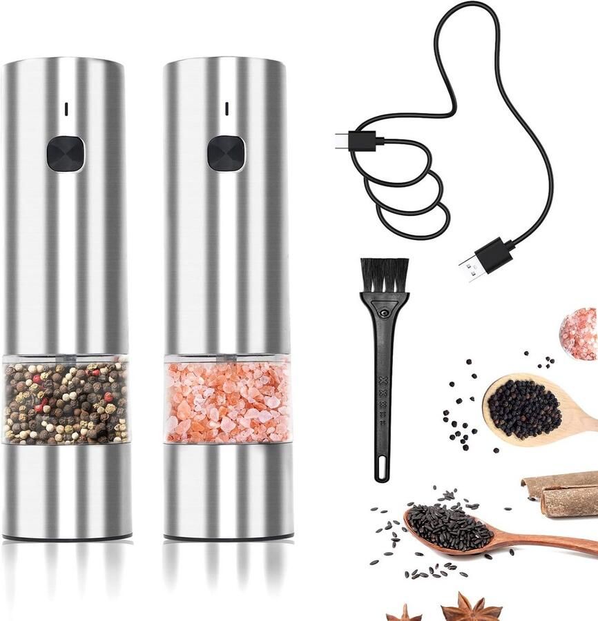 Elektrische Zout- en Pepermolen Set RVS Eén Hand Bediening & Verstelbare Maalgraad