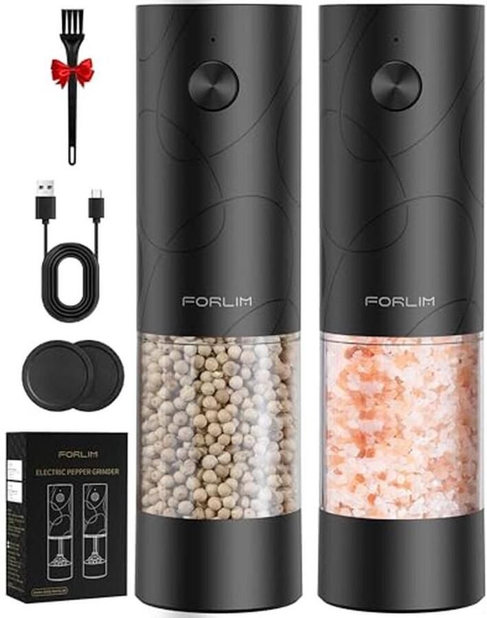 Elektrische Zout- en Pepermolen Set USB Oplaadbaar Automatisch Instelbare Grofheid 2 Stuks Zwart