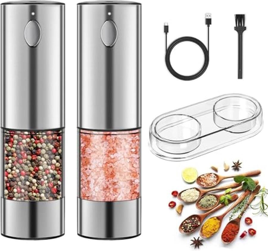 Elektrische Zout- en Pepermolen Set USB Oplaadbaar met Instelbare Scherpte en LED Verlichting