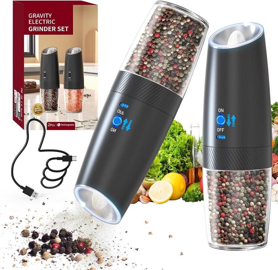 Elektrische Zout- en Pepermolen Set van 2 met LED Licht en USB Opladen Handmatige Verstelbare Grofheid