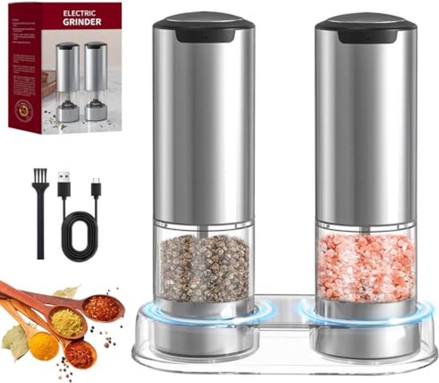 Elektrische Zout- en Pepermolen Set van 2 Oplaadbaar met 5 Instellingen en LED Licht