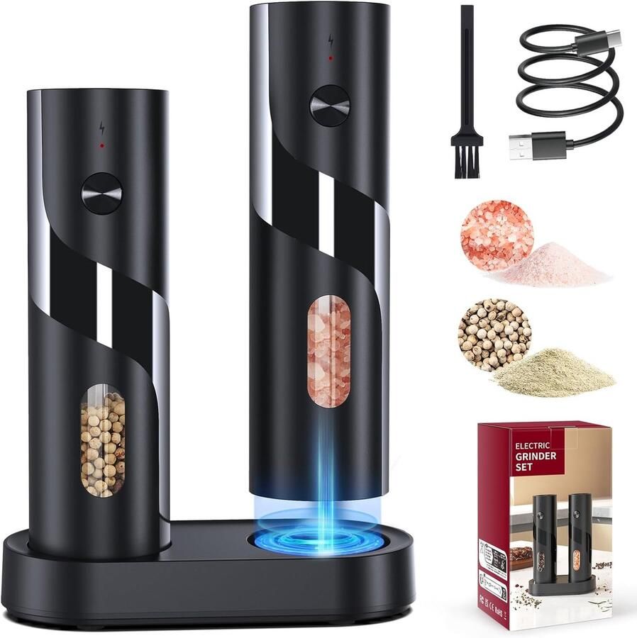 Elektrische zout- en pepermolens Set van 2 met Oplaadbare Basis LED Licht en Instelbare Grofheid voor de Keuken