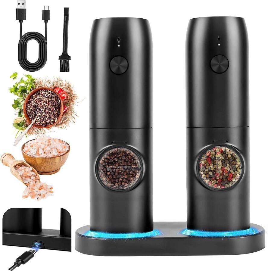 Elektrische Zout- en Pepermolenset (2 stuks) met Oplaadbare Basis en LED-verlichting
