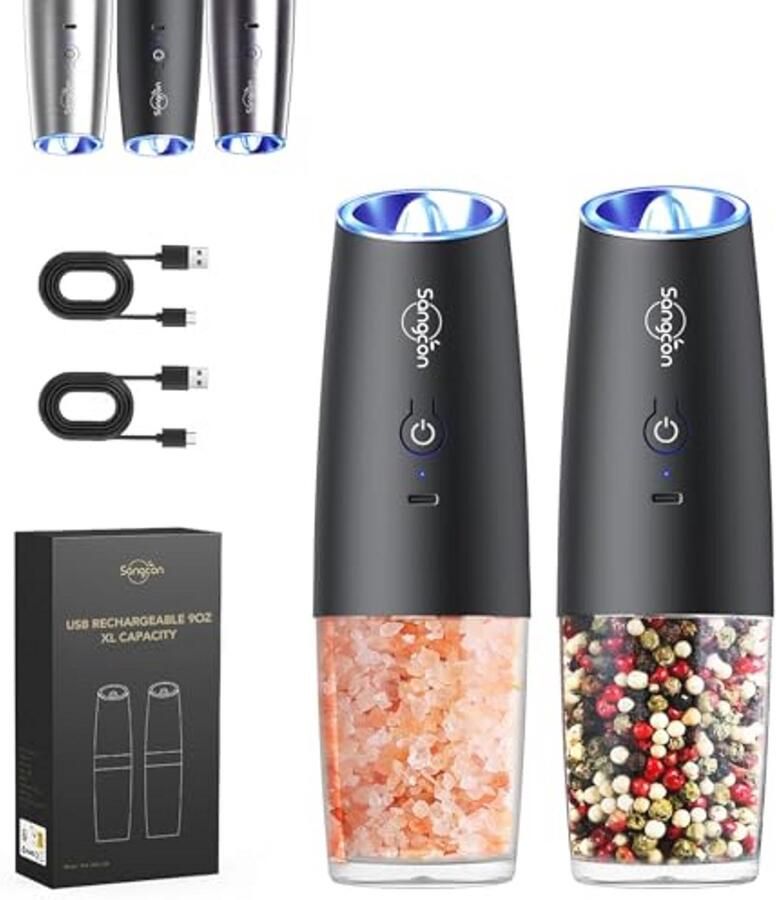 Elektrische zout- en pepermolenset met USB-oplaadbare functionaliteit en éénhandige bediening