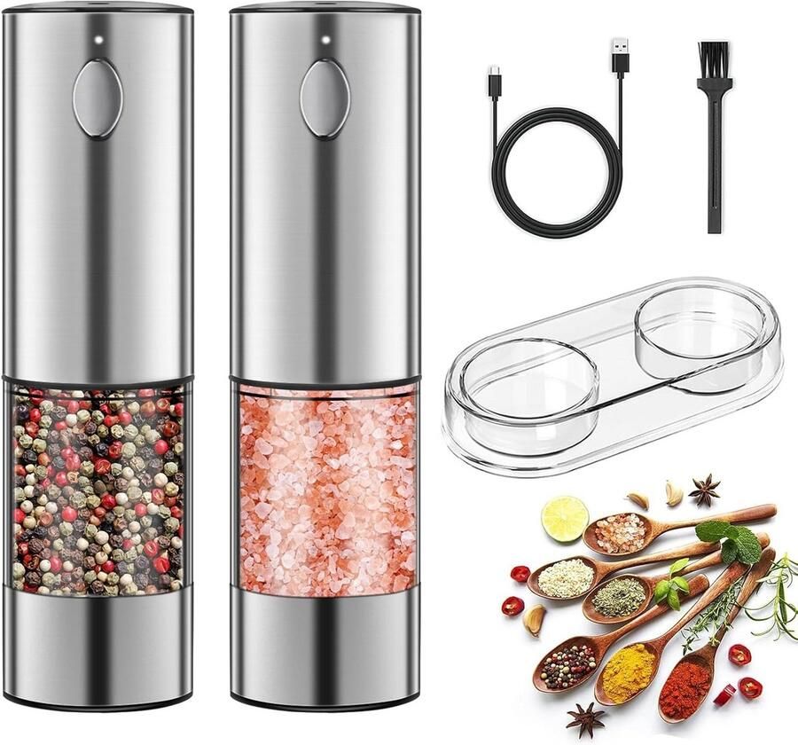 Elektrische Zout- en Pepermolenset met USB Oplaadfunctie en Instelbare Grofheid