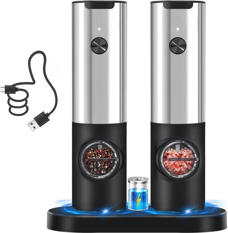 Elektrische zout- en pepermolenset oplaadbaar USB-oplaadstation automatische peper- en zoutmolen navulbaar bediening met één hand instelbare grofheid led-licht