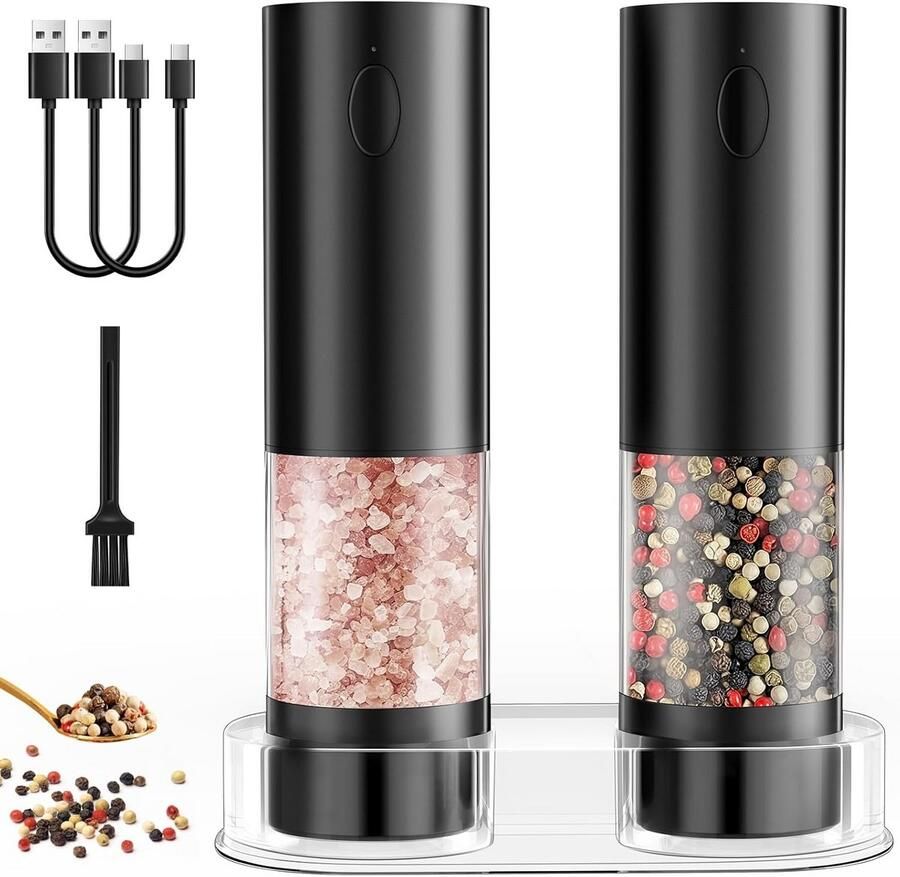 Elektrische Zoutmolen en Pepermolen Set Oplaadbaar met 5 Maalgraadinstellingen en LED-lamp