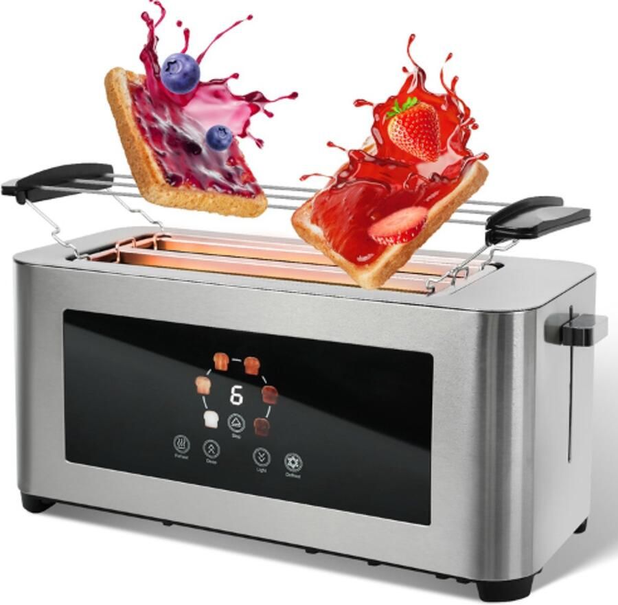 ElevateCommerce 7MAGIC Broodrooster 1400W – RVS Toaster met LCD Touchscreen – 2 Brede Sleuven – 4 Sneetjes – 7 Bruiningsstanden – Met Broodjeshouder (EU-stekker)