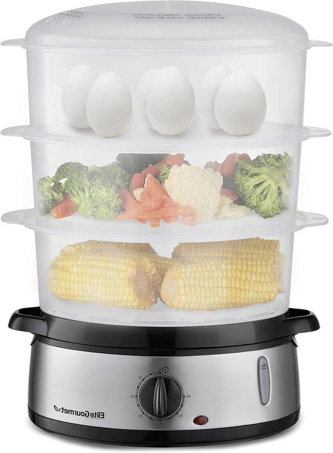 Elite Gourmet Maxi-Matic Elektrische voedselgroentestoomboot met BPA-vrije 3-laags stapelbare geneste mandbakken automatische uitschakeling 60 min timer 800 W 9 5 Quart roestvrij staal