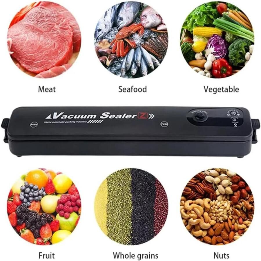ELYSIVM Vacuum Sealer Vacuummachine Vacuumzakken 10 st. Vacumeermachine Vacumeerapparaat Voedsel Vacumeerder 2-in-1 Vacumeren en Sealen Voor Droog en Vochtig Voedsel Inclusief 10 Vacuümzakken Zwart