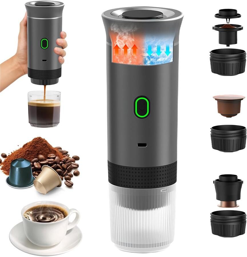 Elzusha Draagbare 3-in-1 Espressomachine Capsules & Gemalen Koffie Snel Verwarmen Grijs
