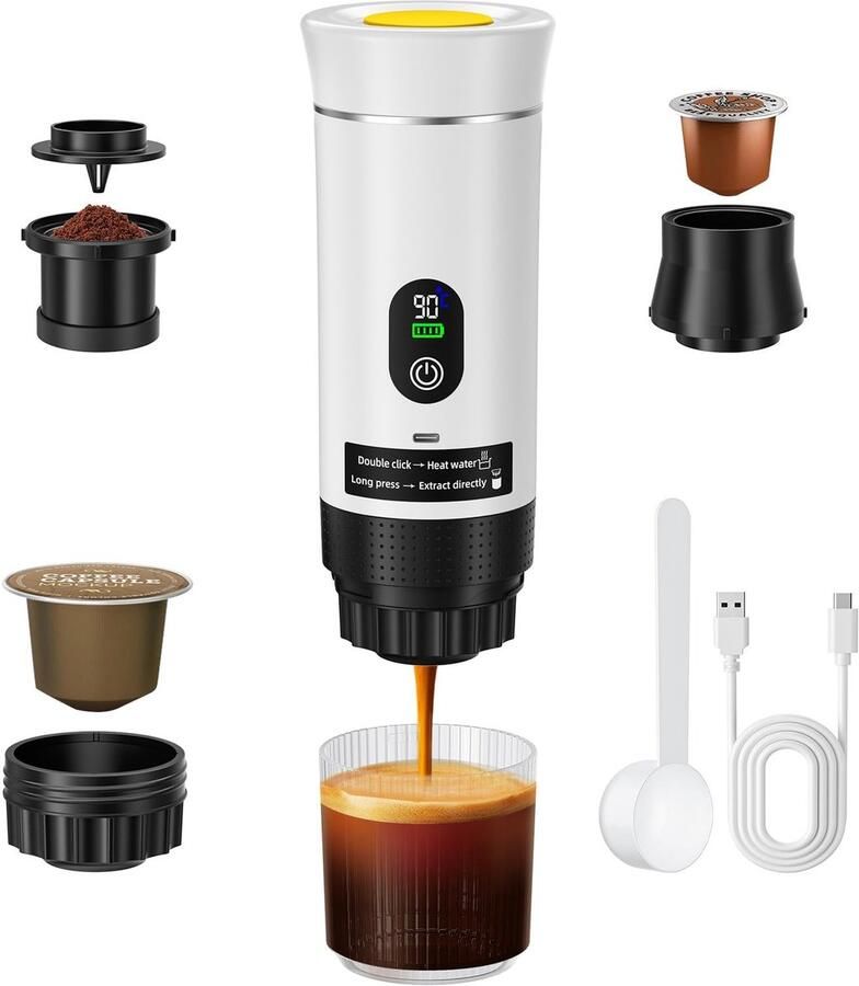 Elzusha Draagbare Elektrische Espressomachine Compatibel met Capsules & Gemalen Koffie Wit