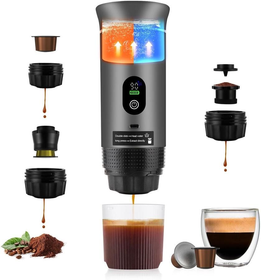 Elzusha Draagbare Espressomachine 3-in-1 20 Bar Zelfverwarmend Grijs
