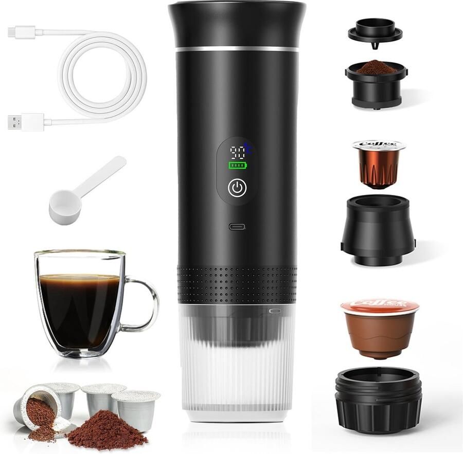 Elzusha Draagbare Koffiemachine 3-in-1 met Temperatuurdisplay 20 Bar USB-C Oplaadbaar