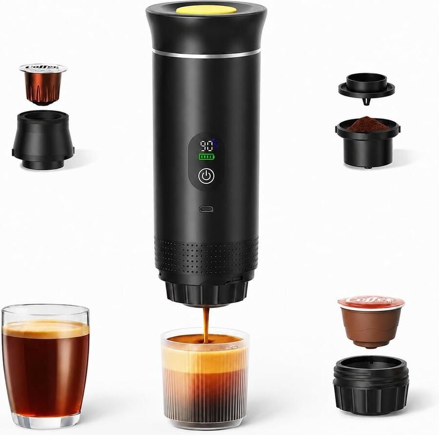Elzusha Elektrisch Draagbaar Koffiezetapparaat met Digitaal Display Reiskoffiezetapparaat Zwart