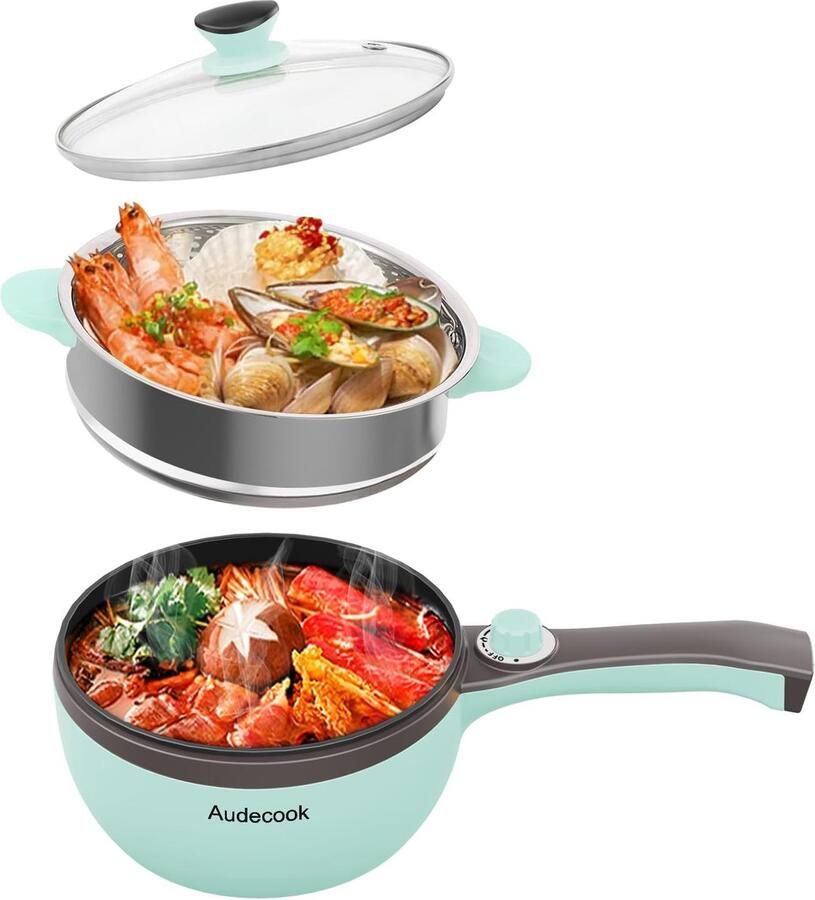Elzusha Elektrische Hot Pot met Stoominzet 1.5L Anti-aanbak Multicooker Groen