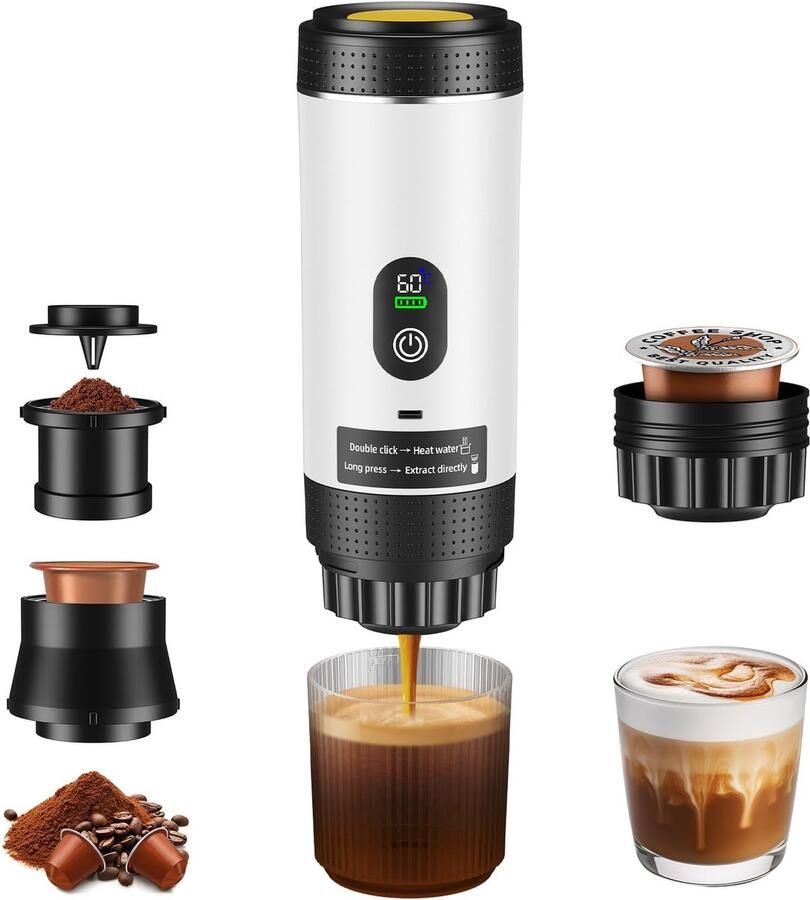 Elzusha Mini Koffiemaker Draagbaar Witte Espressomachine voor Onderweg