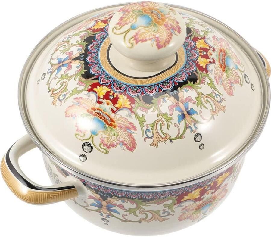 Emaille Braadpan Soeppan Kookpot Koken Thuis Gelijkmatige Verwarming 22x22x12 cm Wit Met Bloemenprint