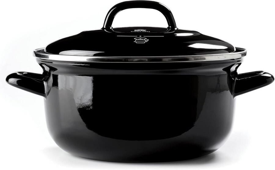Emaille Braadpan Stoofpan Deksel Langzaam Garen Iconisch Ingebouwd Deksel 24 cm 4.2 Liter Zwart