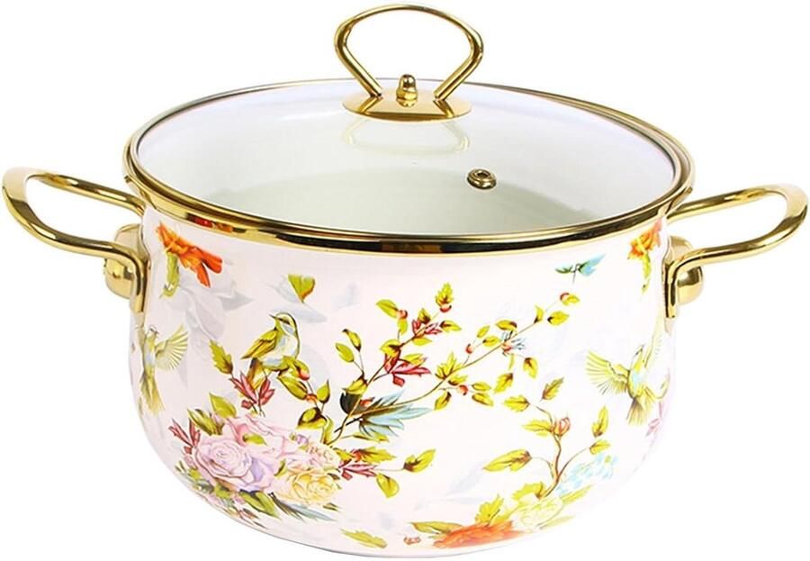 Emaille sudderpan Steelpan met deksel Grote maaltijden koken Gladde anti-aanbaklaag Grote inhoud Bloemenpatroon