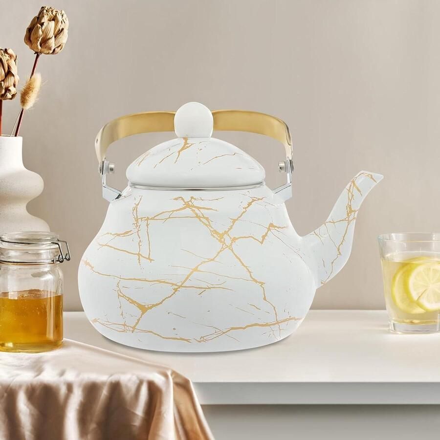 Emaille theepot Waterketel Warme dranken maken Snelle warmteoverdracht 2 liter Wit met goud