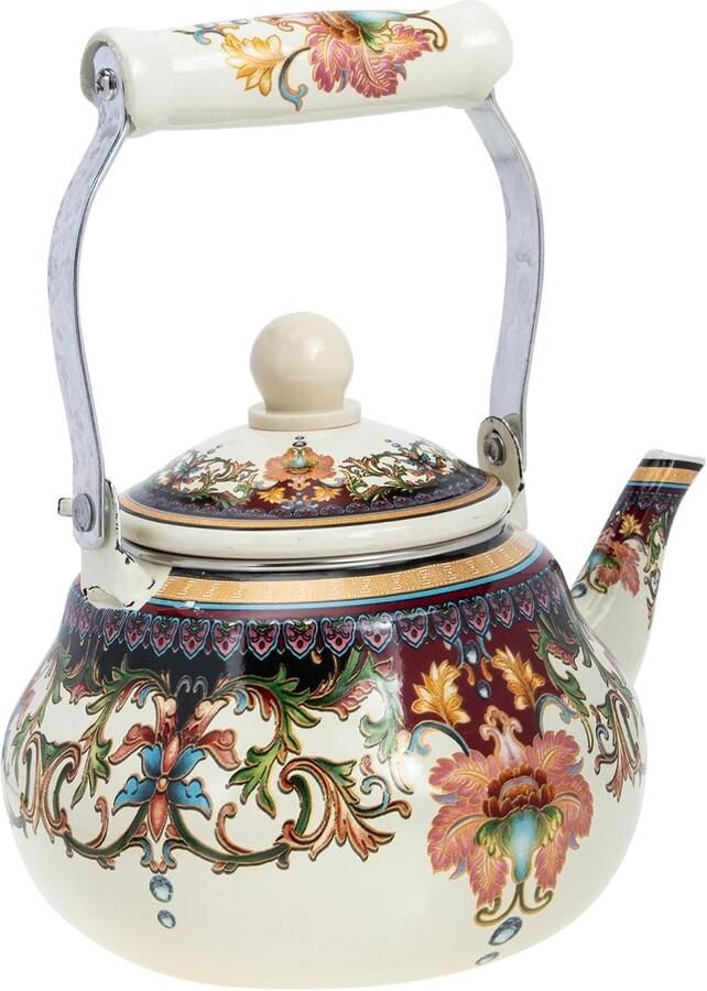 Emaille Waterketel Vintage Theepot Warme Drank Zetten Comfortabel Handvat 1.5 Liter Kleurrijk Bloemen