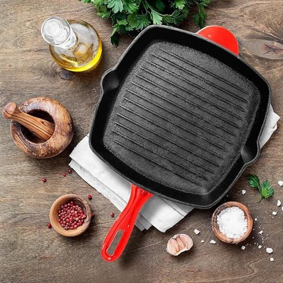 Emaillen Grillpan 28cm – Vierkante Grillpan met Antiaanbaklaag – Geschikt voor Alle Fornuis Types