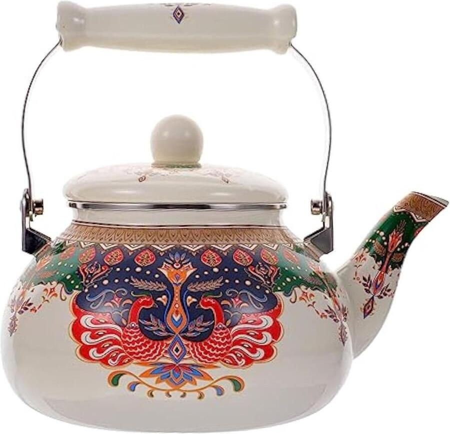 Emaillen Waterkoker Theepot Kookplaat Koffie en Thee Vintage Bloemen Design 2.5 Liter Wit