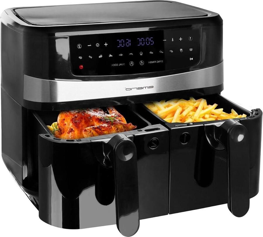 Emerio AF-126672 Digital Double Air Fryer AirFryer Deep Frying with Hot Air Without Additional Oil 2 x 4.5 L Volume 12 Programs BPA Free Smart Finish Function (Both Ready at the Same Time) Black