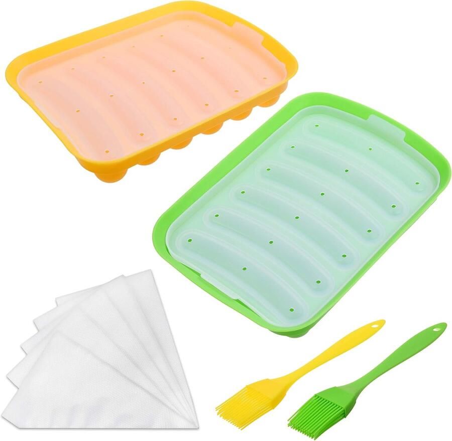 & Kind 2x Siliconen Worstvormpjes Non-Stick Flexibele Hotdog Maker 6-Holte Bakken Koken Stoomcontainer Zelfgemaakte Worstjes Inclusief 2x Siliconen Miniborstels en 20x Spuitzakjes