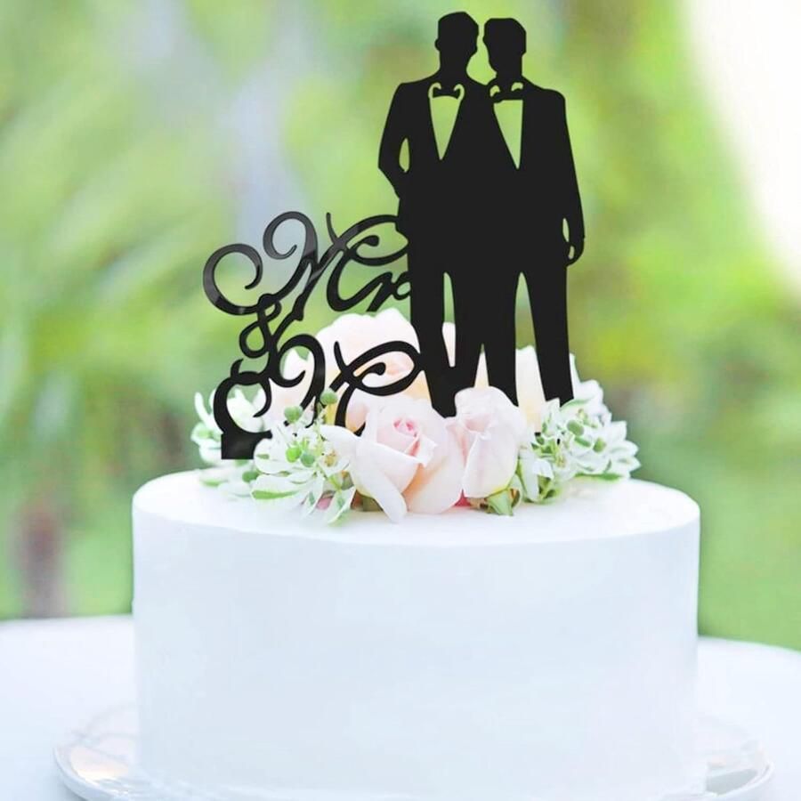 & Mr Cake Topper Bruiloft Cake Decor voor Mannen Zwart Acryl Homo Gift voor Party Decoratie