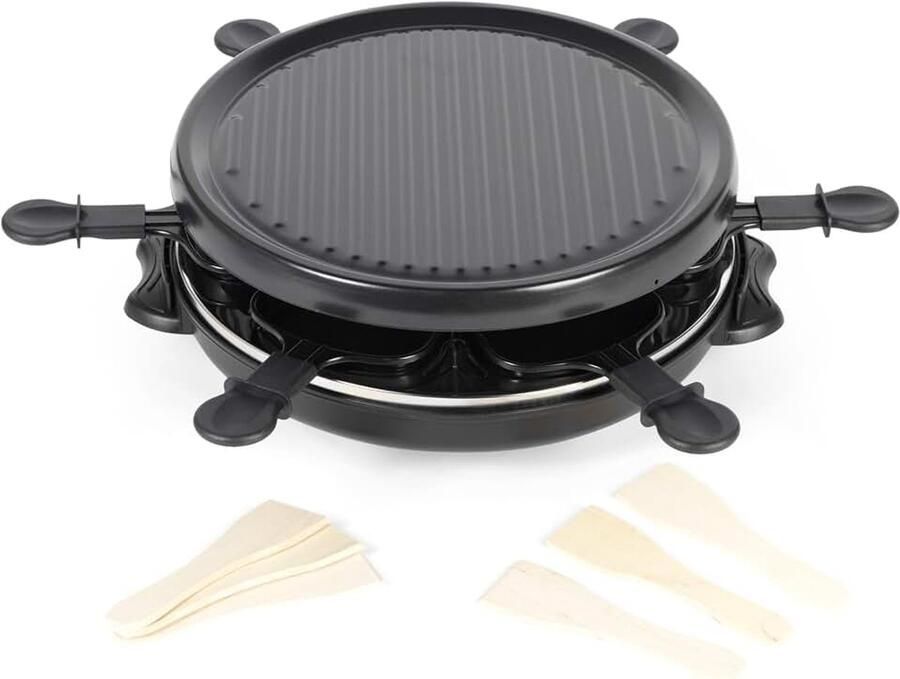 & Posner Tafelraclette 800 W 29 x 29 cm steenplaat 6 antiaanbakpannetjes 6 houten spatels instelbare temperatuur indicatielampje afneembare plaat