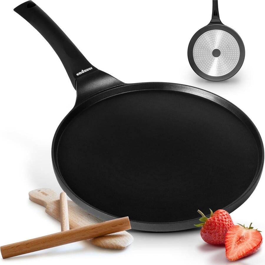 Endusor Crêpepan inductie 26 cm met 3-voudige antiaanbaklaag incl. spatel en verdeler van Duits beukenhout voor alle kookplaattypes platte crêpepan (zonder PFOA + PFOS)