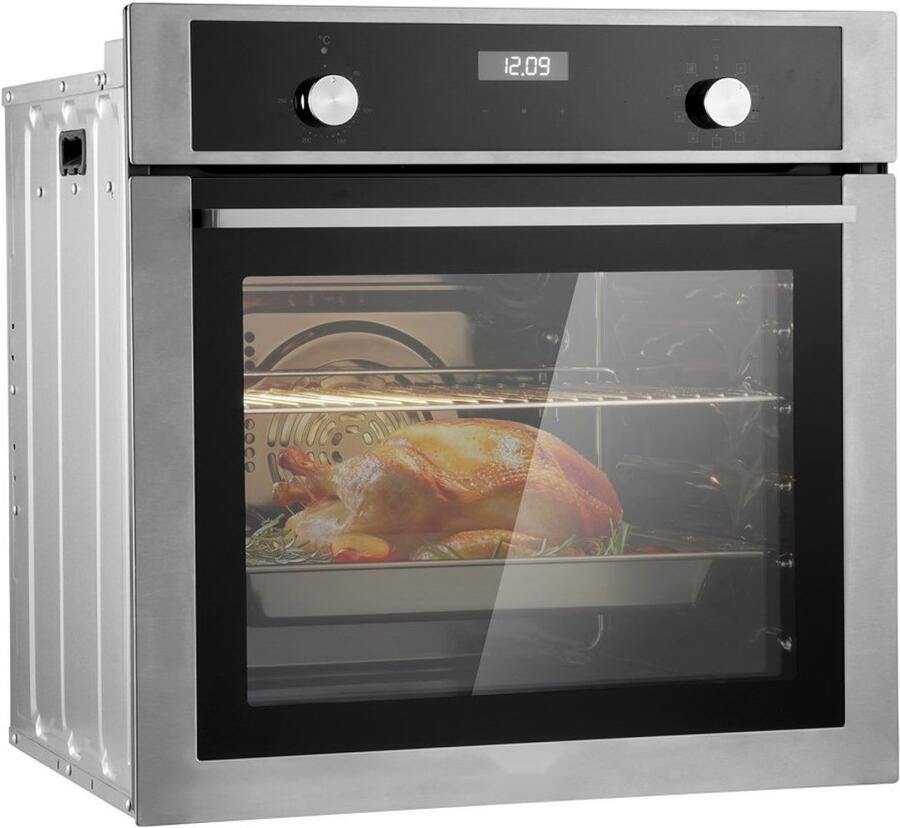 Enkele inbouwoven Elektrische inbouwoven Breedte 61 cm Inhoud 76 L Met 9 kookfuncties Snel 200°C in 5 min Vermogen 3550 W Inclusief bakrek en bakplaat