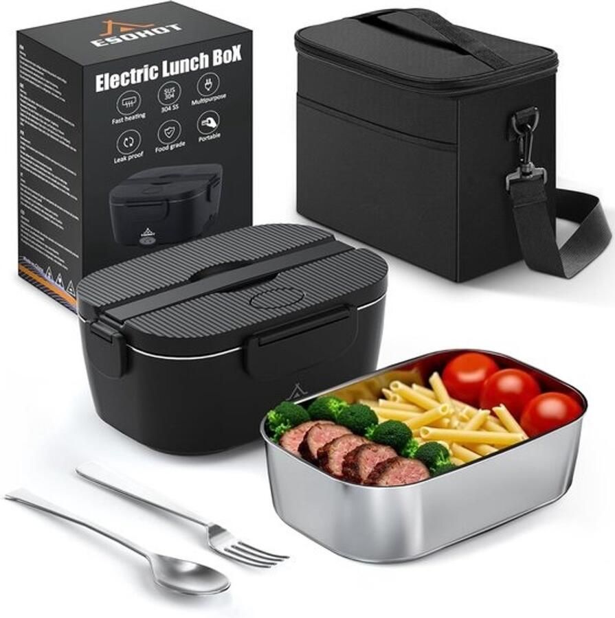 ESOHOT 120W Elektrische Lunchbox – Verwarmde Broodtrommel voor Auto (12V 24V) & Thuis (230V) – Snel Opwarmen – Lekvrije RVS Binnenbak – Ideaal voor Werk Reizen en Kantoor (1 5L)