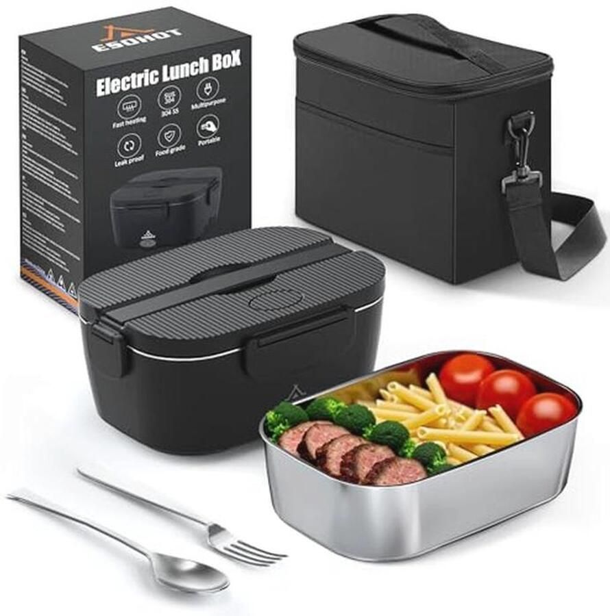 ESOHOT 120W Elektrische Lunchbox – Verwarmde Broodtrommel voor Auto (12V 24V) & Thuis (230V) – Snel Opwarmen – Lekvrije RVS Binnenbak – Ideaal voor Werk Reizen en Kantoor (1 5L)