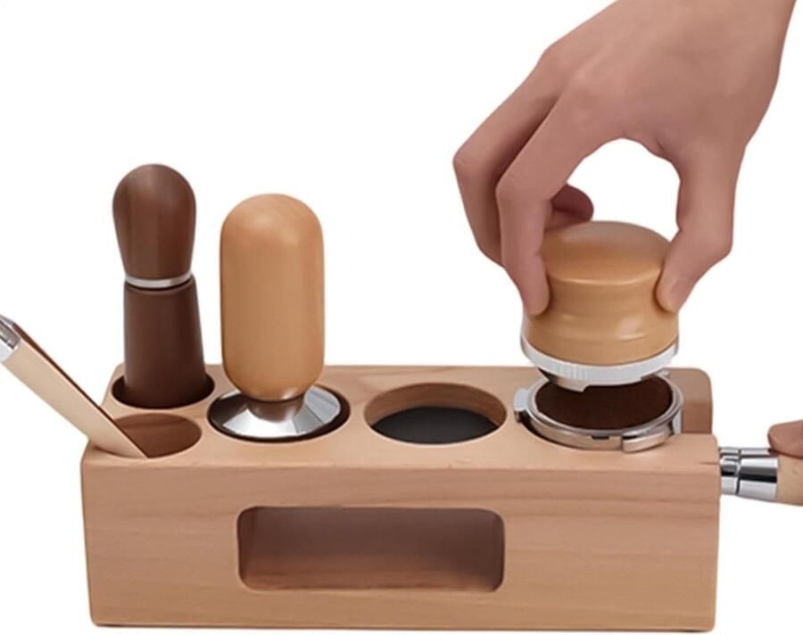 Espresso Aanstamper Station Koffie Opbergsysteem Koffie Bereiden Massief Houten Constructie 58 mm Houtkleur