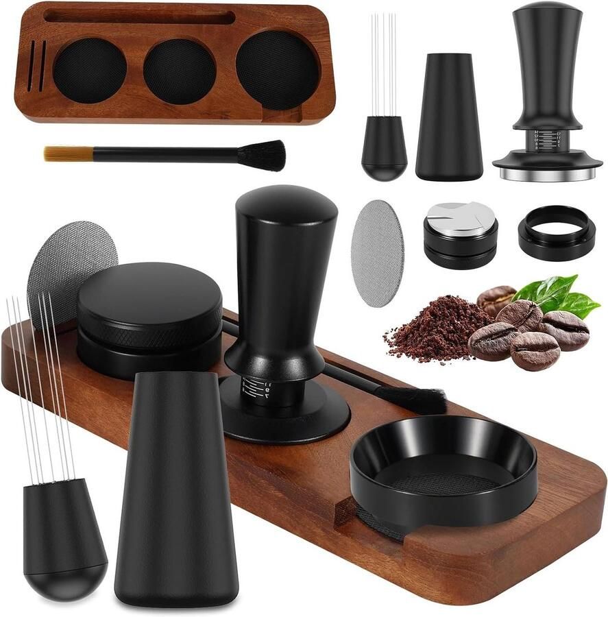 Espresso Accessoireset Barista Gereedschap Perfecte Espresso Maken 7-in-1 Set 53 mm Zilver Hout