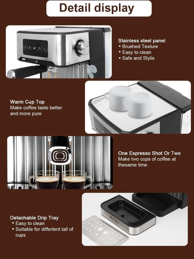 HFL Goods Espresso Apparaat Geniet Van Barista-Kwaliteit Thuis Met Het LCD Touch Espresso Koffiezetapparaat Met Semi-Automatische Pomp En Cappuccino Melkopschuimer Voor Perfecte Koffie Ervaringen Zilverkleurig