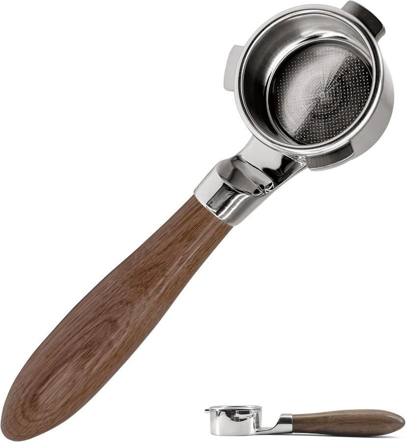Espresso bodemloze portafilter 54 mm platte bodem voor stabiele plaatsing compatibel met Breville 870 875 878 880 filtermand 304 roostvrij staal (walnoot)