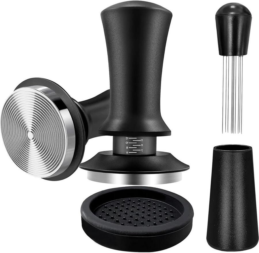 Espresso Distributor Tool met Veermechanisme Inclusief Divider en Siliconen Mat voor Consistente Druk en Evenwichtige Extractie van Koffie