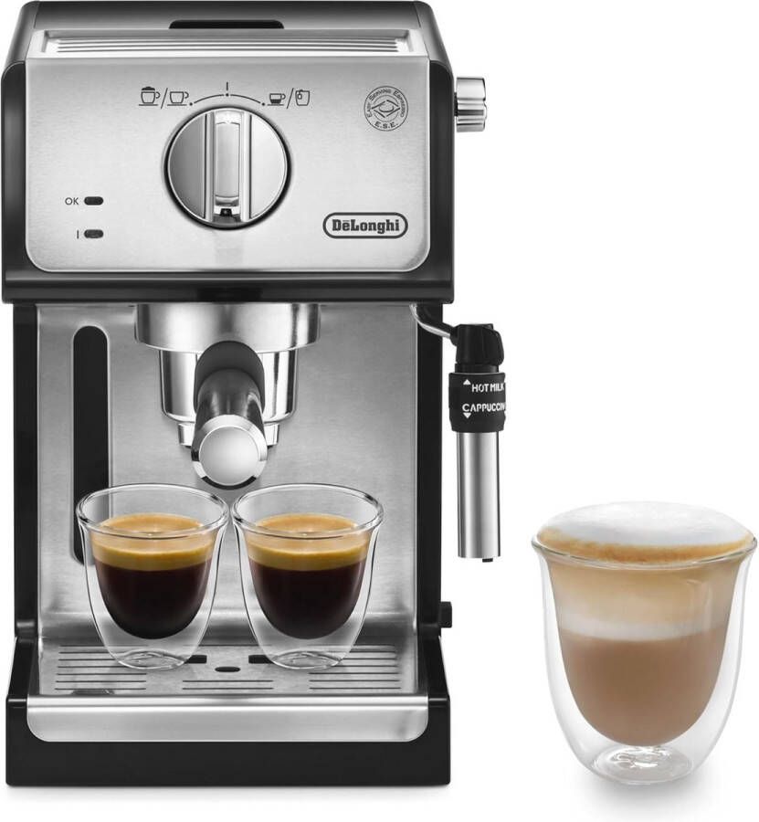 Espresso Filtermachine met Aluminium Afwerking Professioneel Melkschuim Mondstuk en Filters voor 1 of 2 Kopjes Geschikt voor Pads Zwart-Zilver