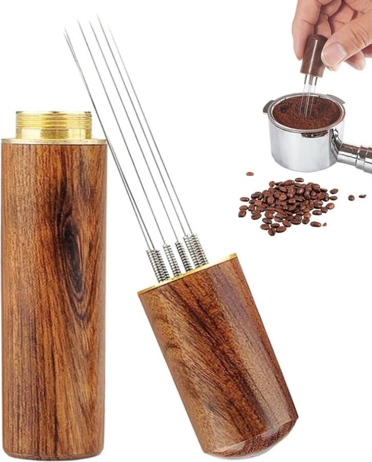 Espresso koffie roerstaafjes Espresso verdeeltool met 6 naalden 304 roestvrijstalen naald voor het roeren en verdelen van espresso 8.3×1.8cm bruin