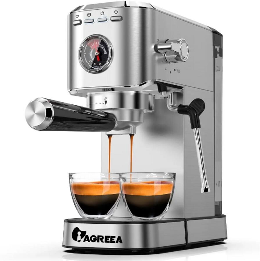 20 bar professionele espressomachine met manometer stoompijpje en kopjeswarmer dubbele shot 1 liter uitneembare watertank compacte roestvrijstalen koffiezetapparaat voor thuis geschikt voor latte cappuccino en americano