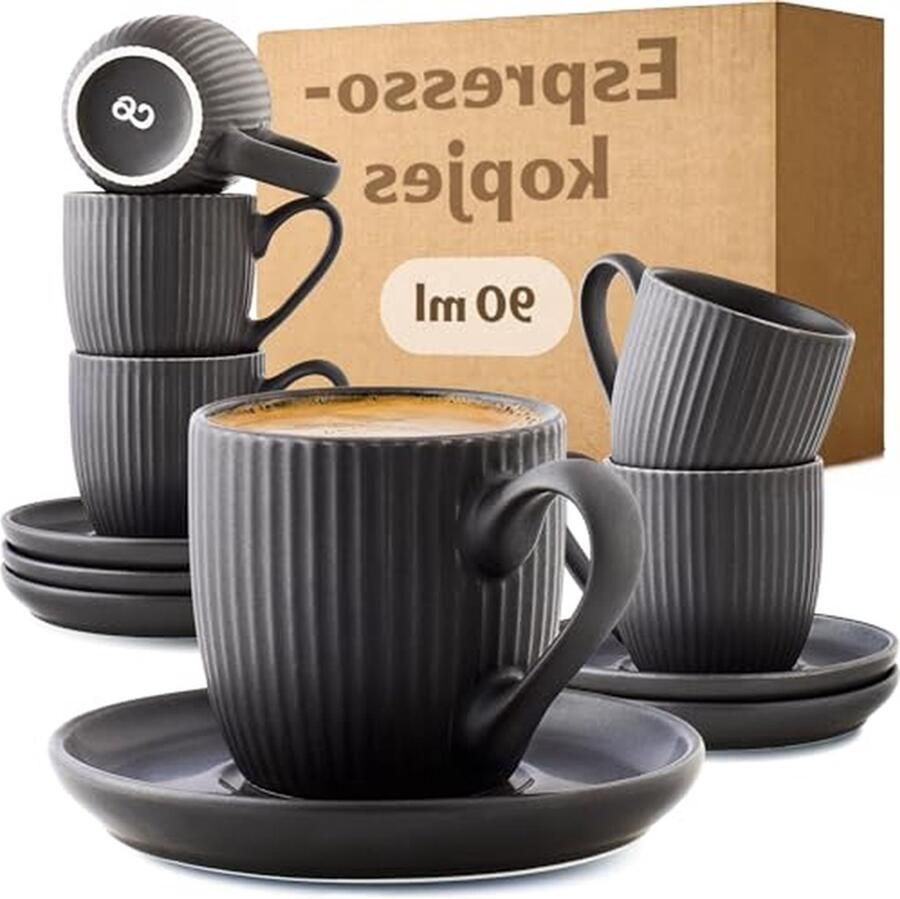 Espresso Kopjes Koffiebekers Genieten van Koffie Mat Keramiek 6 stuks 90ml Zwart